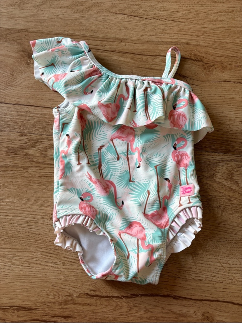 Ruffle Butts Pink Flamingo One-Shoulder Ruffle One-Piece Swimsuit - Mint & Pink